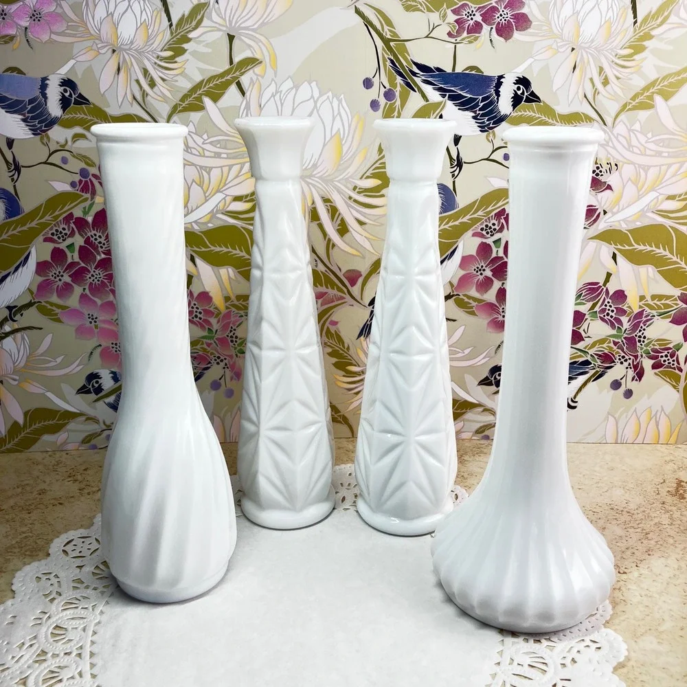 Hoosier Glass Bud Vases Set of 4 Vintage Milk Glass White Geometric Swirl
